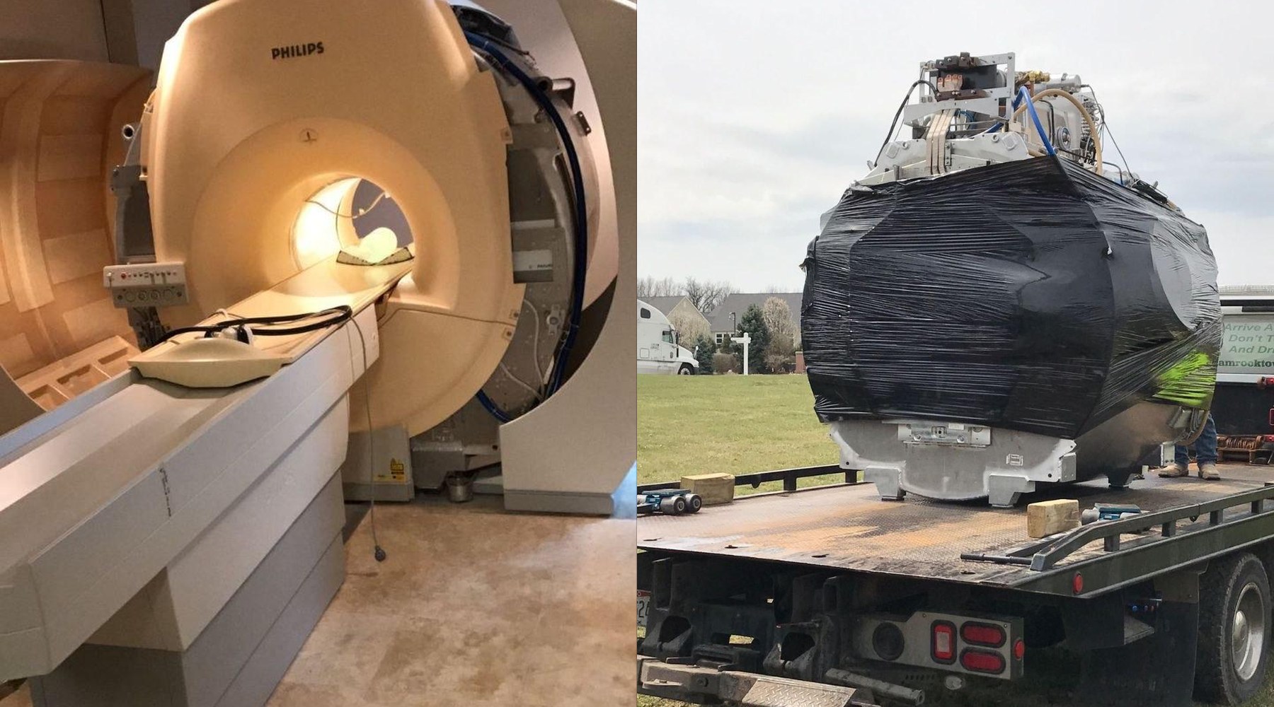 MRI deinstallation field photos showing a Philips MRI system and magnet prepared for transport.